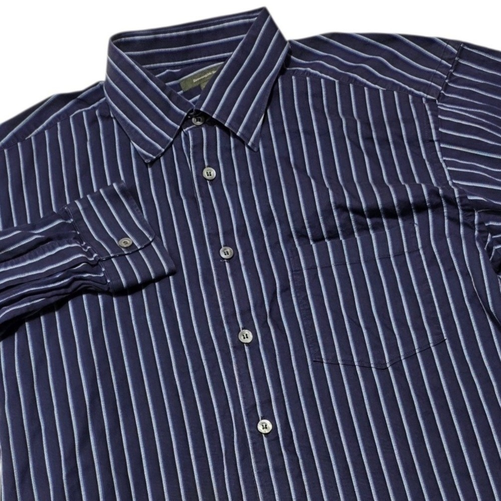Ermenegildo Zegna Shirt Mens XL Blue Striped Long‎ Sleeve Cotton Button Up